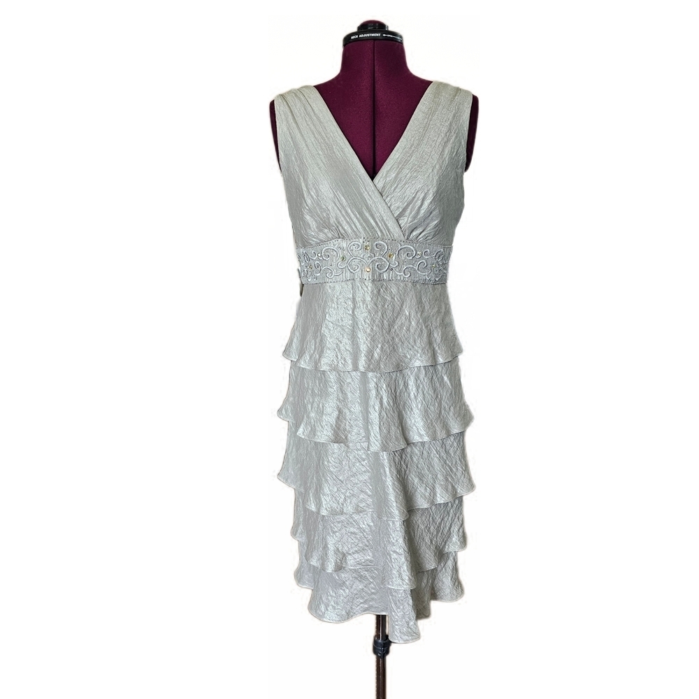 R&M Richards Iridescent Silver Jeweled Beaded Layered V Neck Cocktail Midi Dress